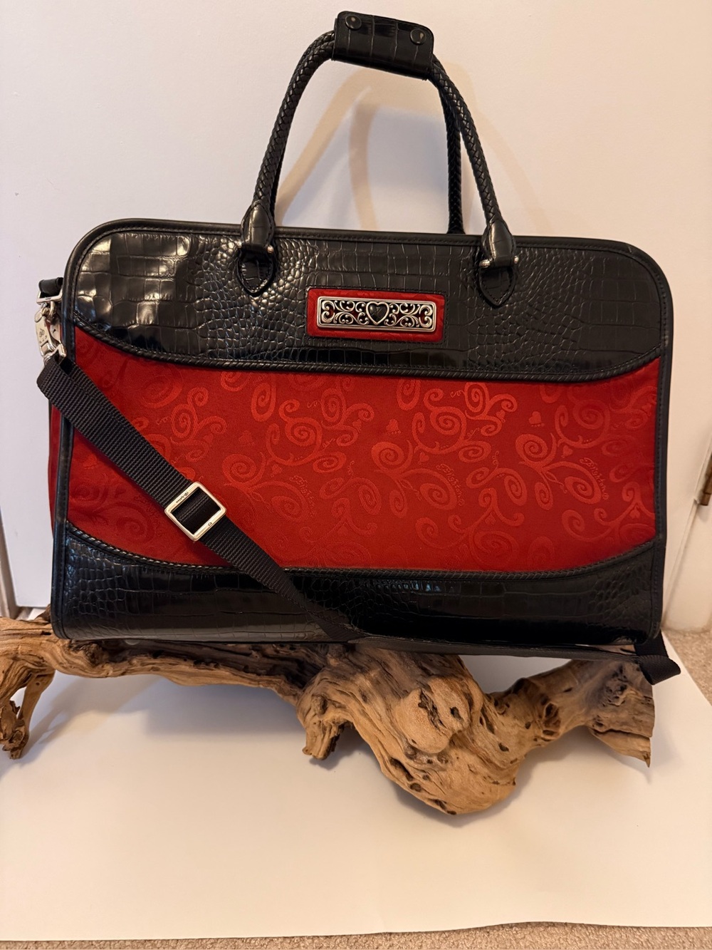 Brighton Ruby Red Jacquard Croc Leather Weekender Travel Bag Carry-On Elegant - Picture 2 of 15